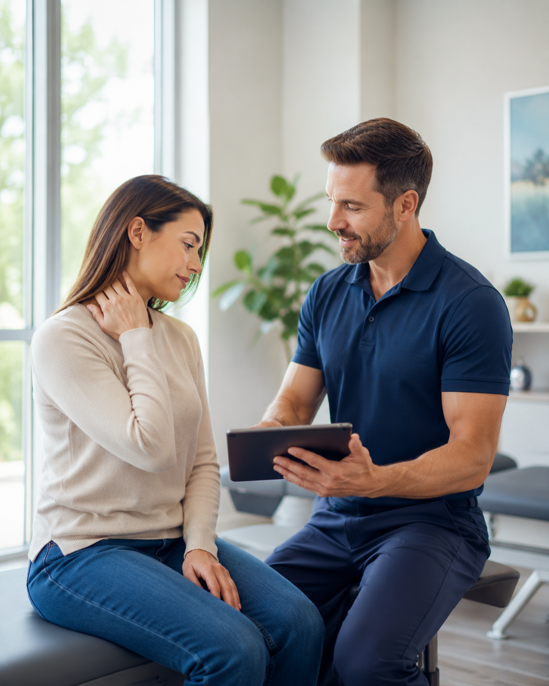 Chiropractor explaining an injury treatment plan to a patient with neck pain